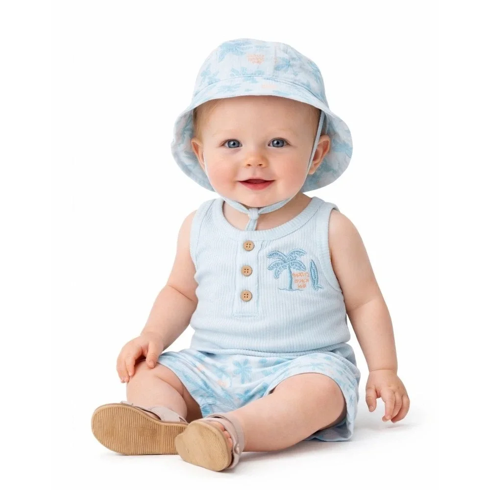 CHICKPEA 3 Piece‎ Palm Tree Tank Shorts Hat Set 3-6M Blue Tropical NWT